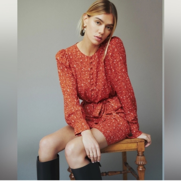 Reformation Carinna Balsam Rust Floral Long Sleeve Dress - Picture 3 of 12